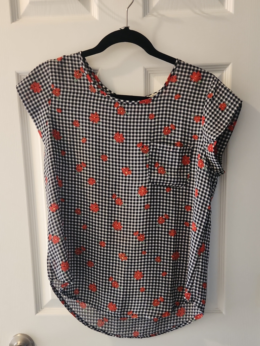 Lily White Black & White Gingham Top with Red Floral Accents